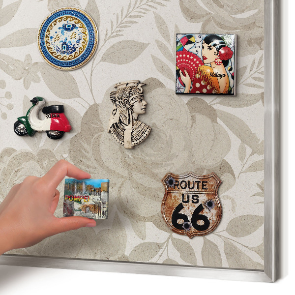 Souvenir magnet display board with a silver frame Vintage flowers
