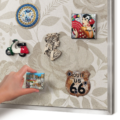 Souvenir magnet display board with a silver frame Vintage flowers