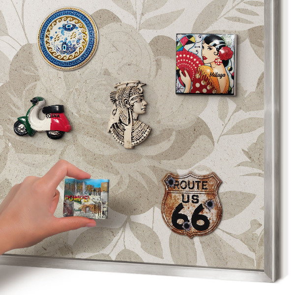 Souvenir magnet display board with a silver frame Vintage flowers