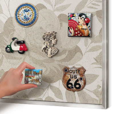 Souvenir magnet display board with a silver frame Vintage flowers