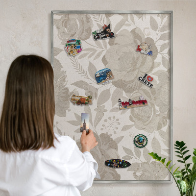 Souvenir magnet display board with a silver frame Vintage flowers
