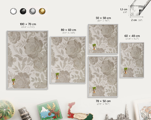 Souvenir magnet display board with a silver frame Vintage flowers