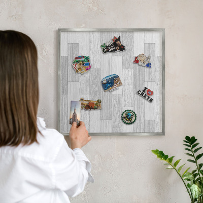 Printed magnet board in a silver frame Wooden texture