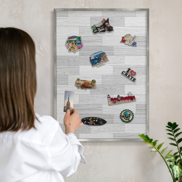 Printed magnet board in a silver frame Wooden texture