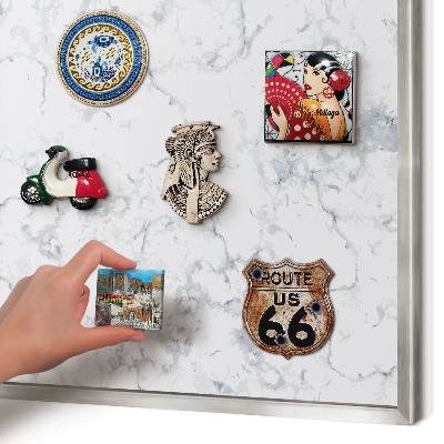 Souvenir magnet display board with a silver frame Marble aesthetics