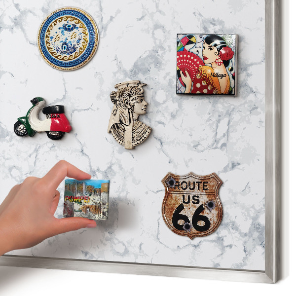 Souvenir magnet display board with a silver frame Marble aesthetics