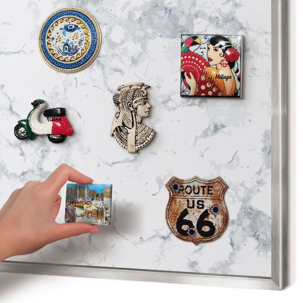 Souvenir magnet display board with a silver frame Marble aesthetics