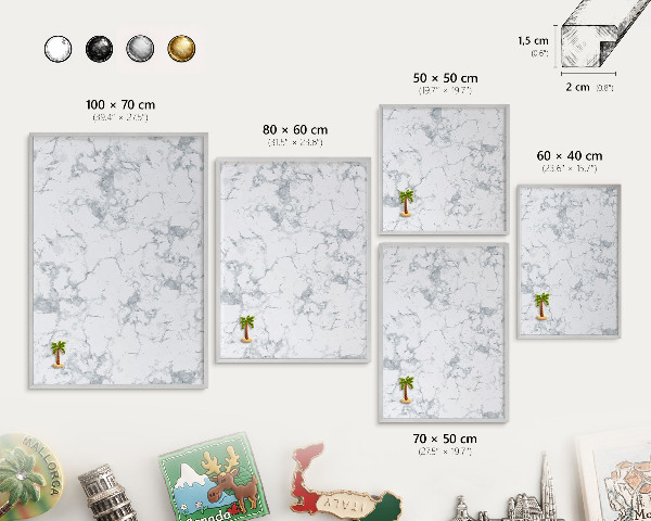 Souvenir magnet display board with a silver frame Marble aesthetics