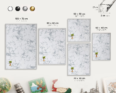Souvenir magnet display board with a silver frame Marble aesthetics