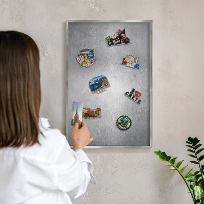 Printed magnet board in a silver frame Metallic surface