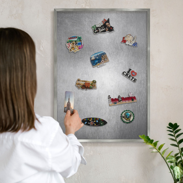 Printed magnet board in a silver frame Metallic surface