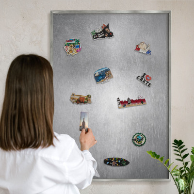 Printed magnet board in a silver frame Metallic surface