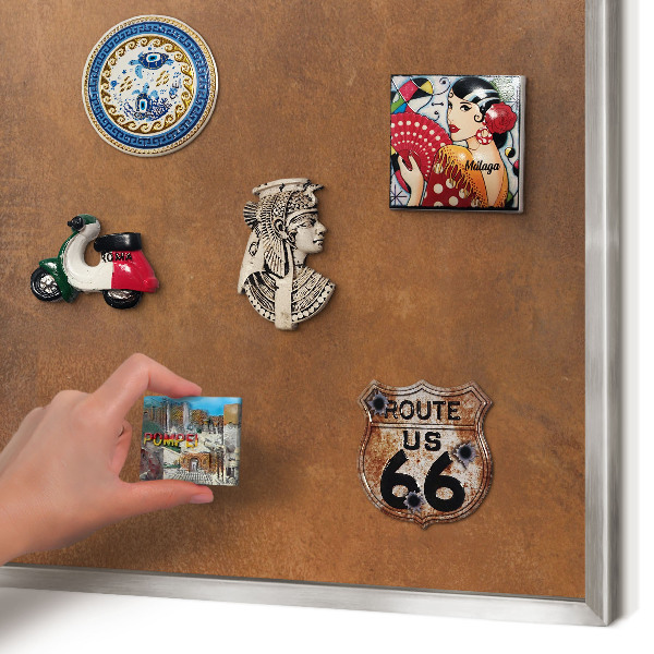 Souvenir magnet display board with a silver frame Brown texture