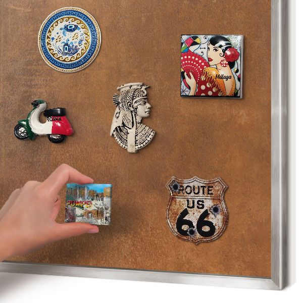 Souvenir magnet display board with a silver frame Brown texture