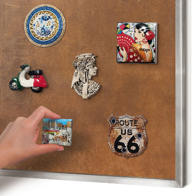 Souvenir magnet display board with a silver frame Brown texture