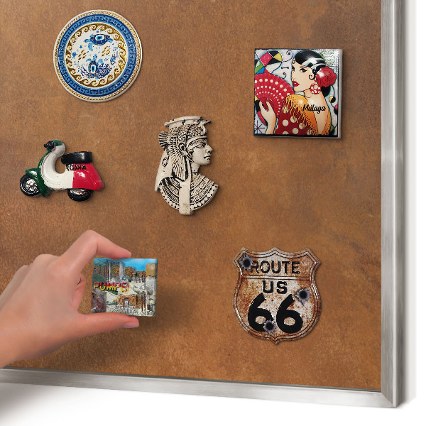 Souvenir magnet display board with a silver frame Brown texture