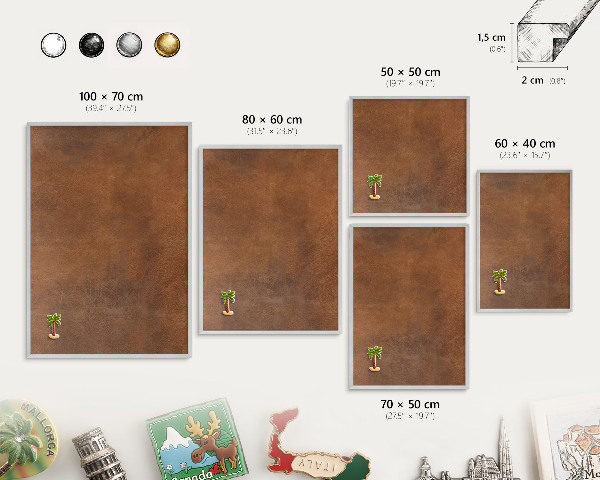 Souvenir magnet display board with a silver frame Brown texture