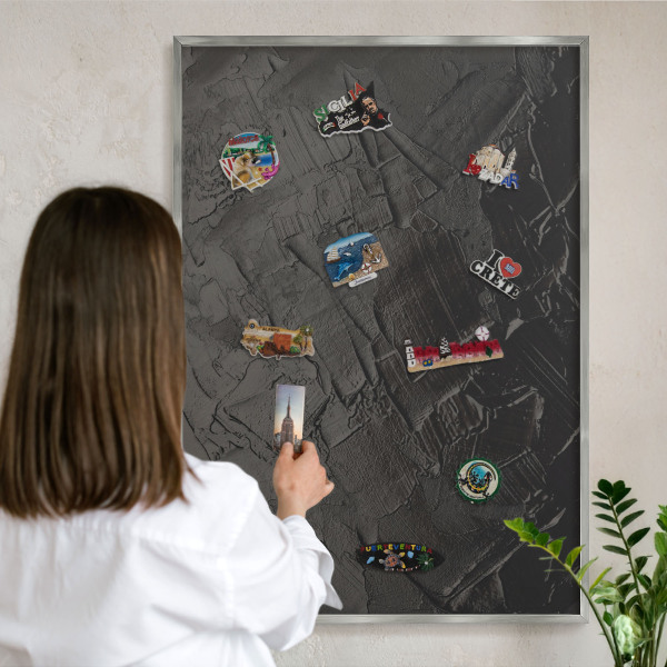 Printed magnet board in a silver frame Textured black