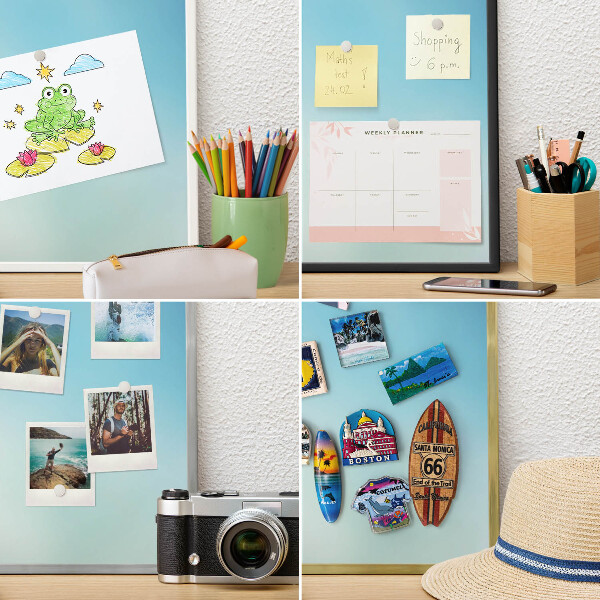 Souvenir magnet display board with a silver frame Blue sky