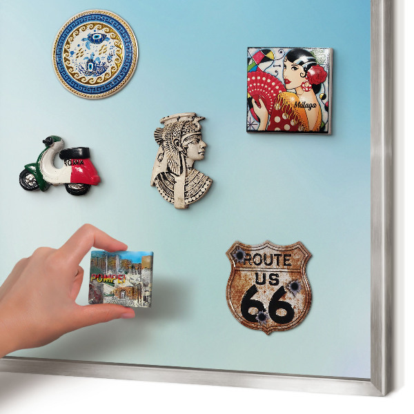 Souvenir magnet display board with a silver frame Blue sky