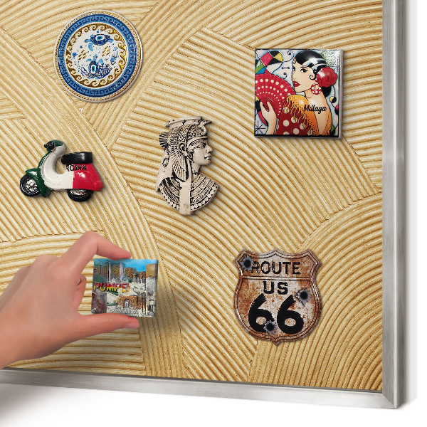Souvenir magnet display board with a silver frame Structural lines