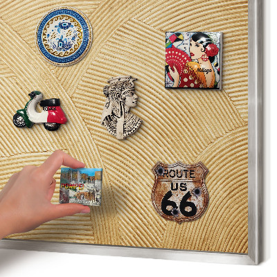 Souvenir magnet display board with a silver frame Structural lines