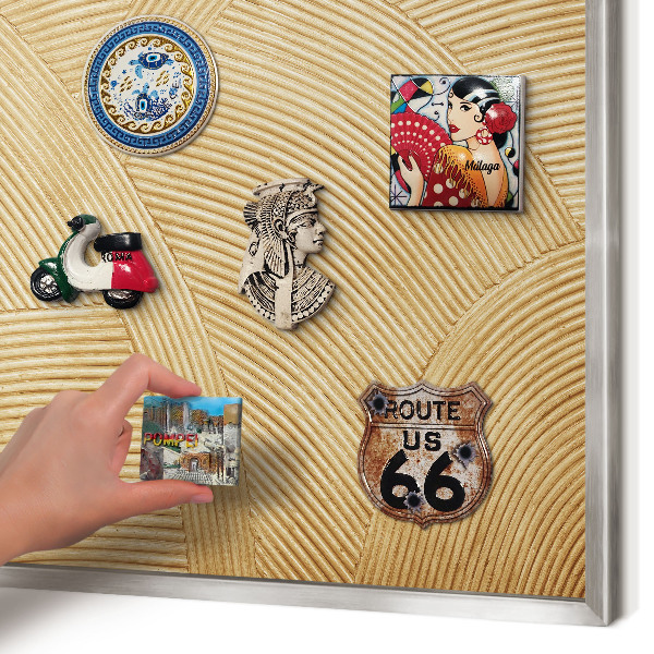 Souvenir magnet display board with a silver frame Structural lines