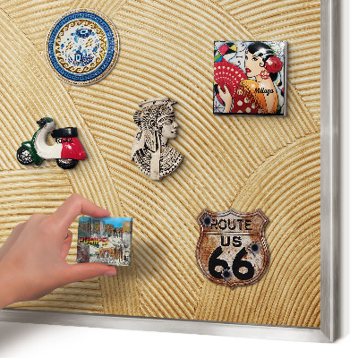 Souvenir magnet display board with a silver frame Structural lines