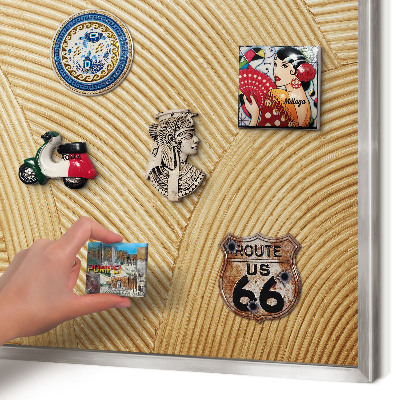 Souvenir magnet display board with a silver frame Structural lines