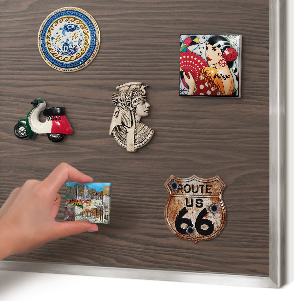 Souvenir magnet display board with a silver frame Natural wood