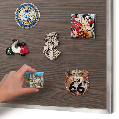 Souvenir magnet display board with a silver frame Natural wood