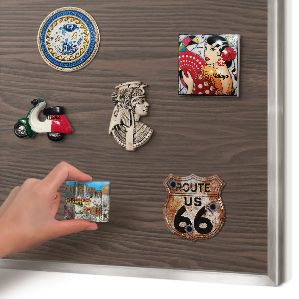 Souvenir magnet display board with a silver frame Natural wood