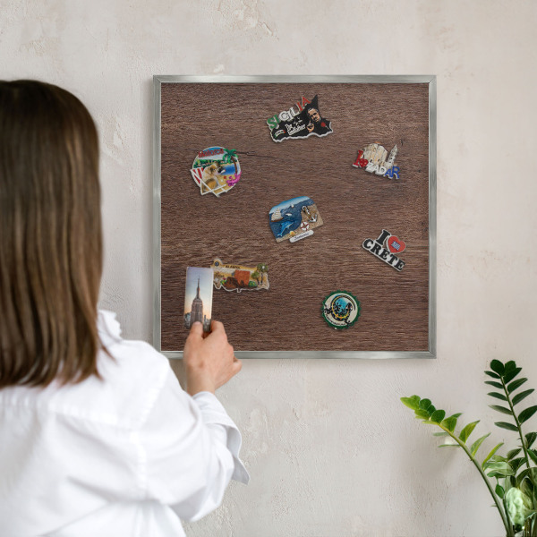 Printed magnet board in a silver frame Brown wood