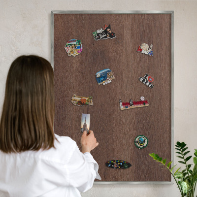Printed magnet board in a silver frame Brown wood