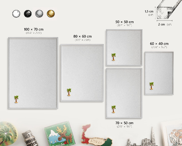 Souvenir magnet display board with a silver frame White texture