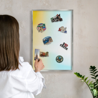 Souvenir magnet display board with a silver frame Pastel relaxation
