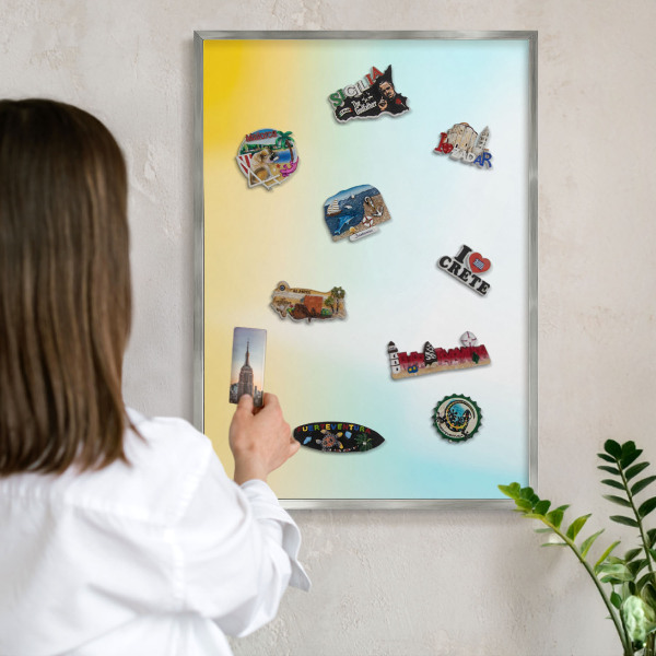 Souvenir magnet display board with a silver frame Pastel relaxation