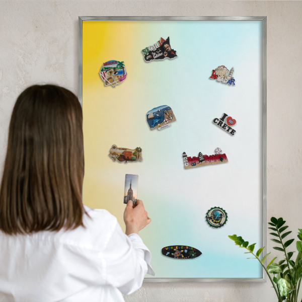 Souvenir magnet display board with a silver frame Pastel relaxation