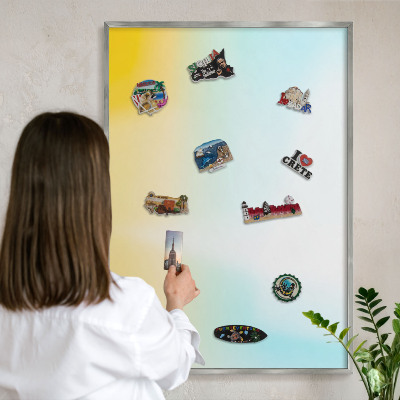 Souvenir magnet display board with a silver frame Pastel relaxation