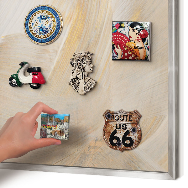 Souvenir magnet display board with a silver frame Elegant abstraction