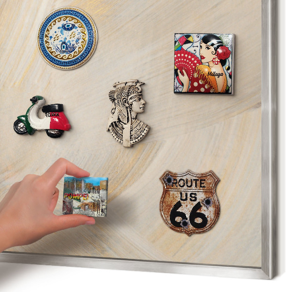 Souvenir magnet display board with a silver frame Elegant abstraction