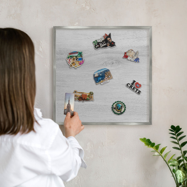 Printed magnet board in a silver frame Wooden structure