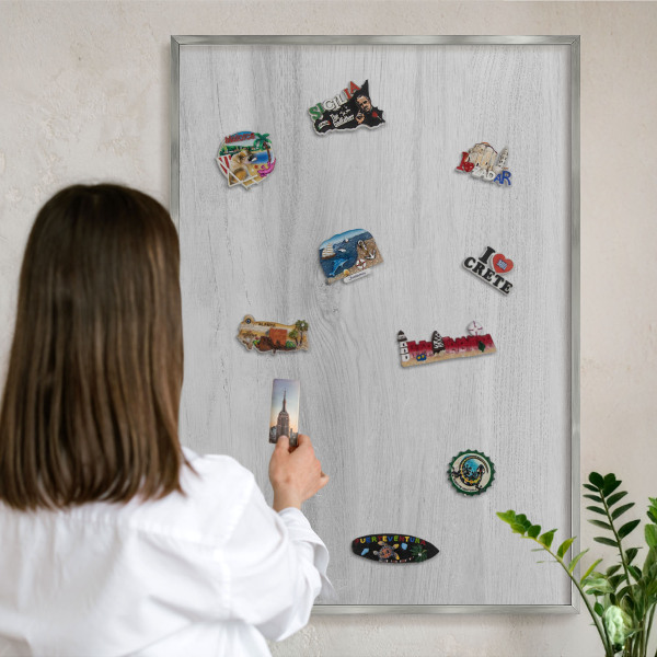 Printed magnet board in a silver frame Wooden structure