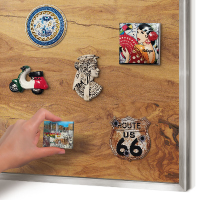 Souvenir magnet display board with a silver frame Natural wood