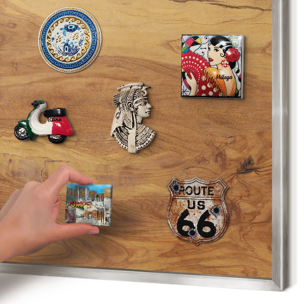 Souvenir magnet display board with a silver frame Natural wood