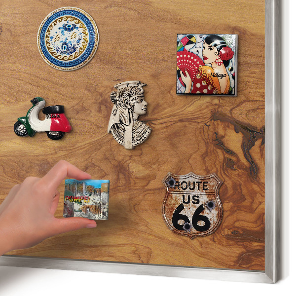Souvenir magnet display board with a silver frame Natural wood