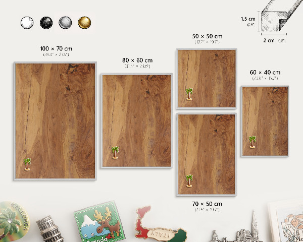 Souvenir magnet display board with a silver frame Natural wood