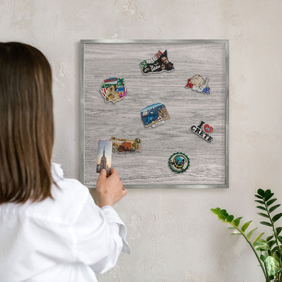 Printed magnet board in a silver frame Wooden texture