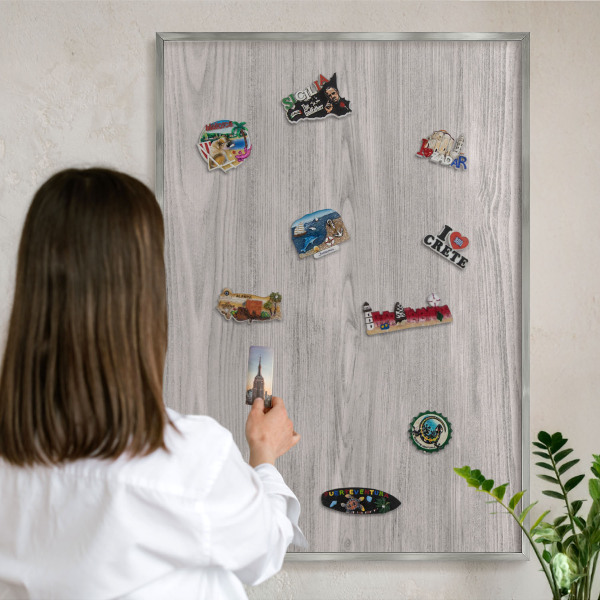 Printed magnet board in a silver frame Wooden texture