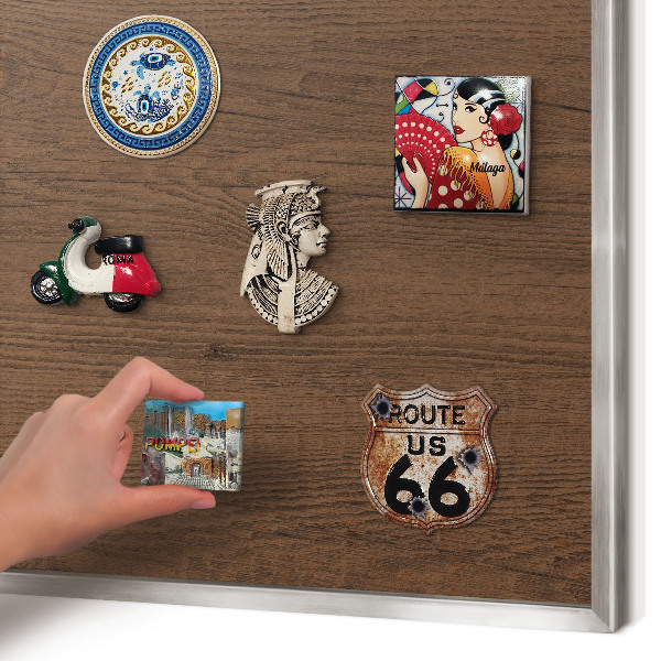 Souvenir magnet display board with a silver frame Wooden texture